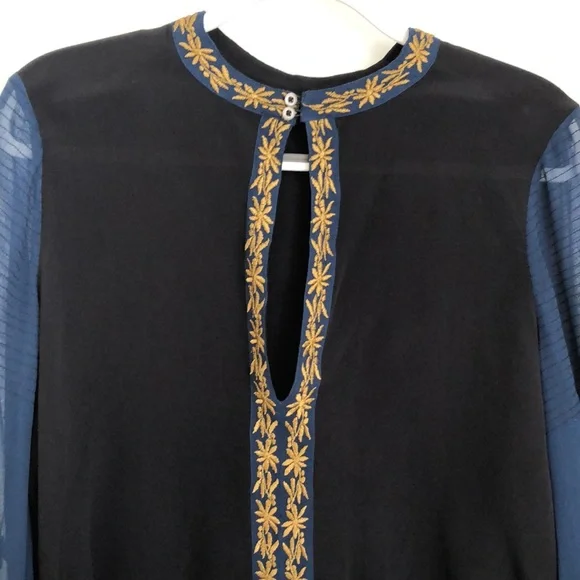 Free People blouse size L black/navy w/ gold embroidery- new! Never worn - Picture 2 of 5